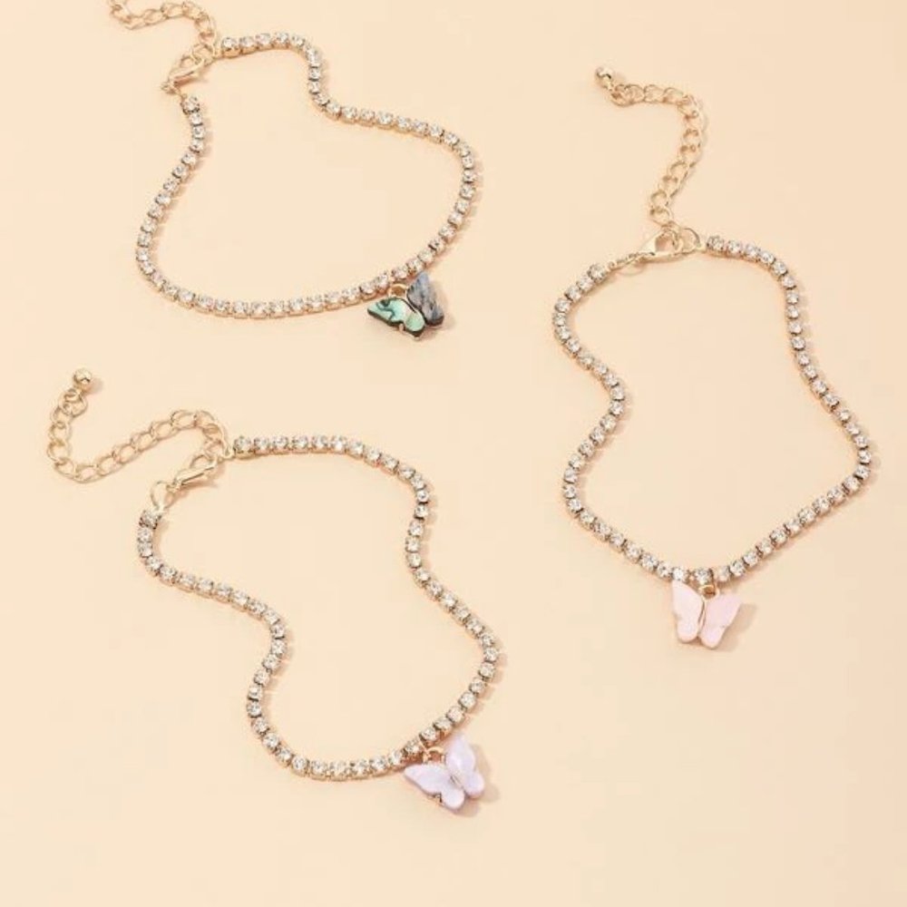 3pc Butterfly Rhinestone Bracelet Set - Picture 2 of 4